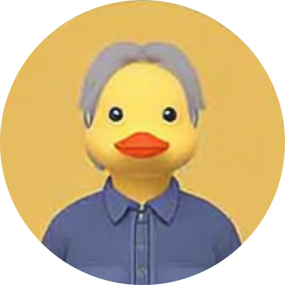 Cartoon duck with gray hair wearing a blue buttoned shirt on a yellow background.