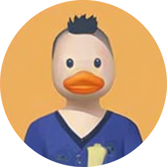 Digital avatar of a duck-faced character with blue spiky hair and wearing a blue shirt against an orange background.