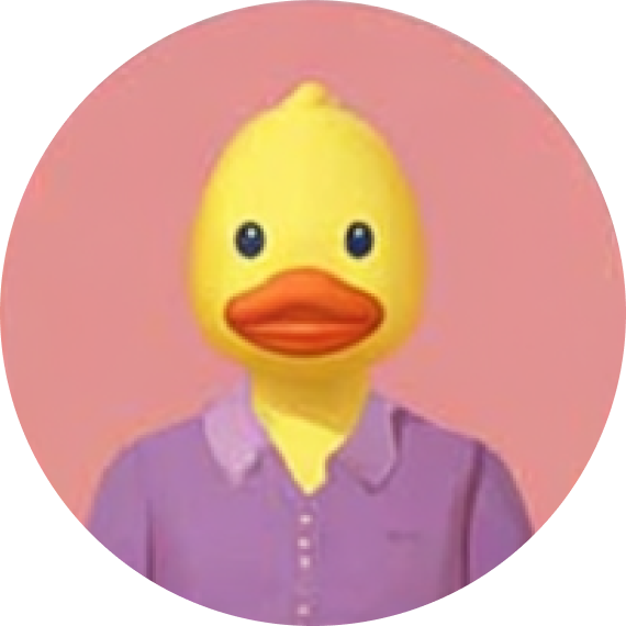 Person with a yellow duck head wearing a purple collared shirt on a pink background.