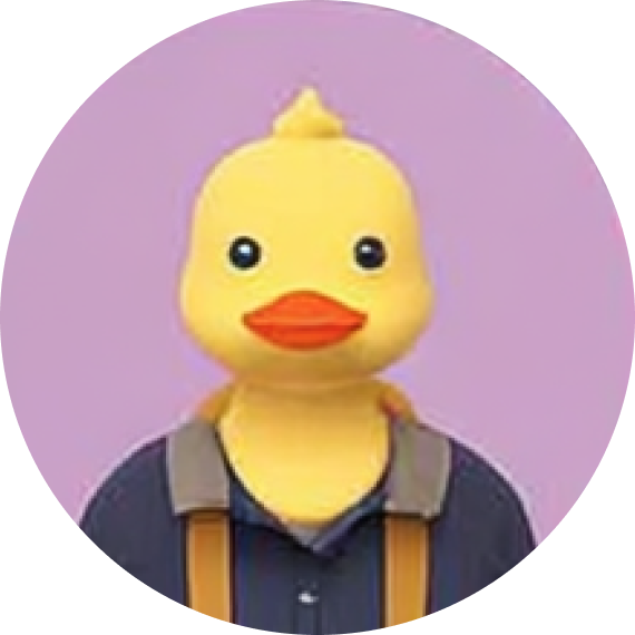Illustration of a yellow duck with an orange beak wearing a shirt and suspenders against a purple background.