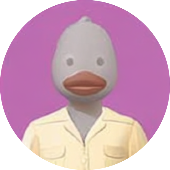 Cartoon-style gray duck character wearing a light beige button-up shirt against a purple background.