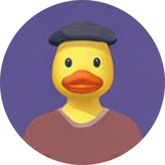 Yellow rubber duck wearing a black beret and a reddish-brown shirt against a purple background.