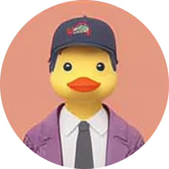 Stylized yellow duck character wearing a black cap, white shirt, black tie, and purple jacket against a peach background.