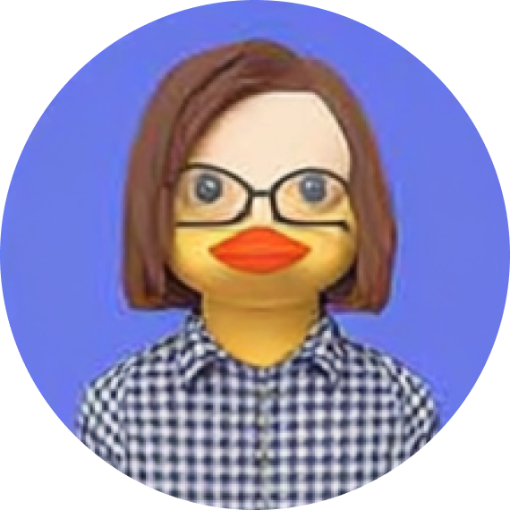 Illustration of a duck with brown hair, glasses, and a checkered shirt on a blue background.