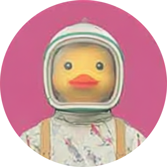 Rubber duck wearing a white astronaut helmet and floral suit against a pink background.