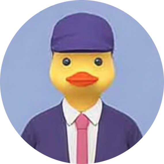 Rubber duck wearing a purple cap, purple jacket, white shirt, and pink tie against a light blue background.