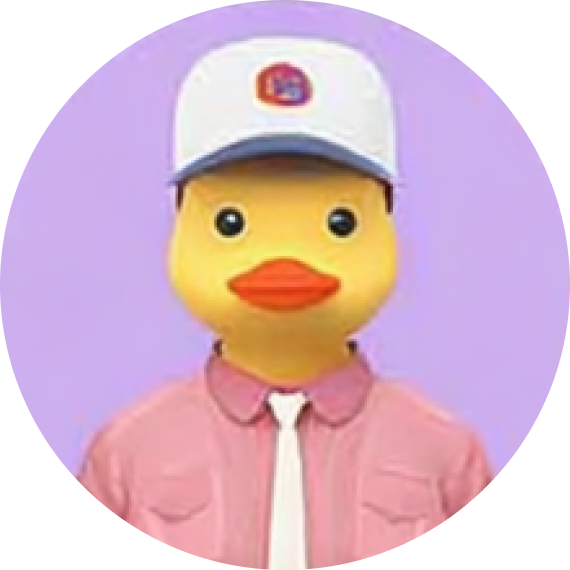 Duck character wearing a white and blue cap, pink shirt, and white tie on a purple background.