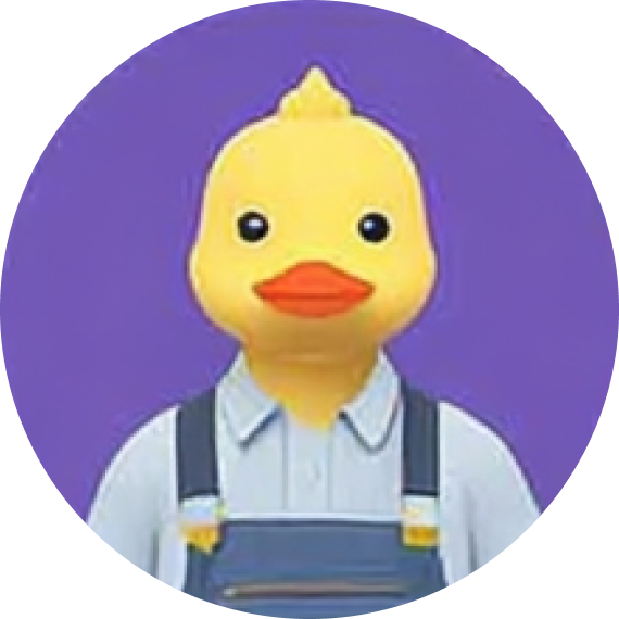 Yellow duck character wearing blue overalls and a white shirt on a purple background.
