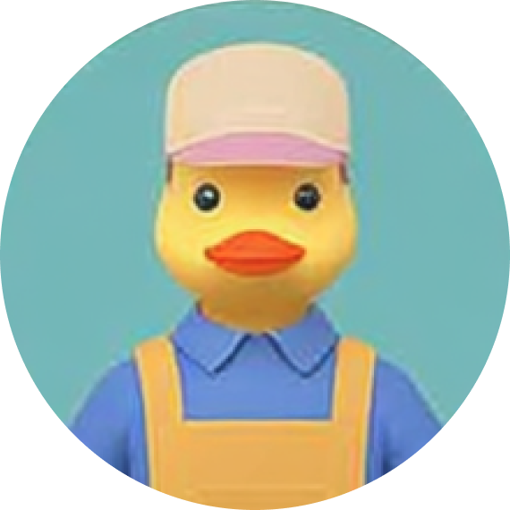 Cartoon duck character wearing a beige cap, blue shirt, and orange suspenders against a teal background.