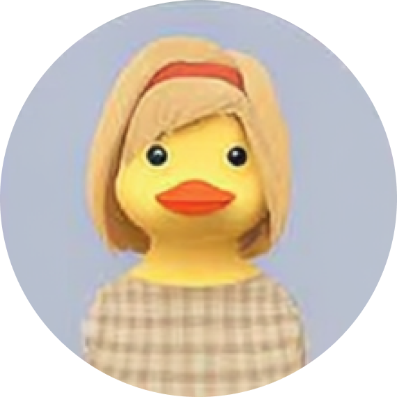 Illustration of a duck with blonde bob hairstyle wearing a checkered shirt and red headband against a gray background.