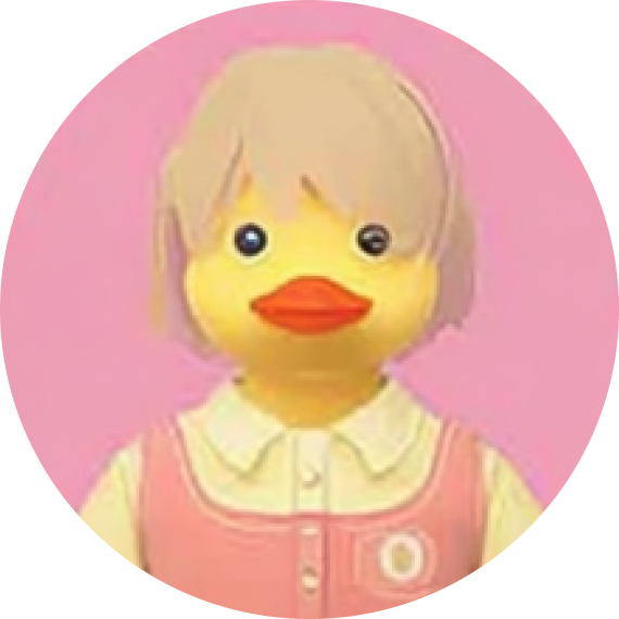Cartoon yellow duck with blonde hair wearing a pink dress and cream shirt against a pink background.