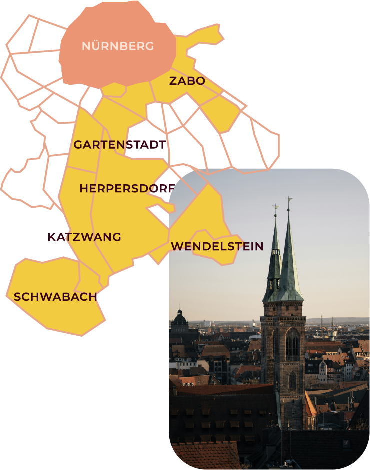 Karte mit den Stadtteilen Nürnberg, Zabo, Gartenstadt, Herpersdorf, Katzwang, Wendelstein und Schwabach sowie Foto eines historischen Gebäudes in Nürnberg mit zwei hohen Türmen in einer Stadt.