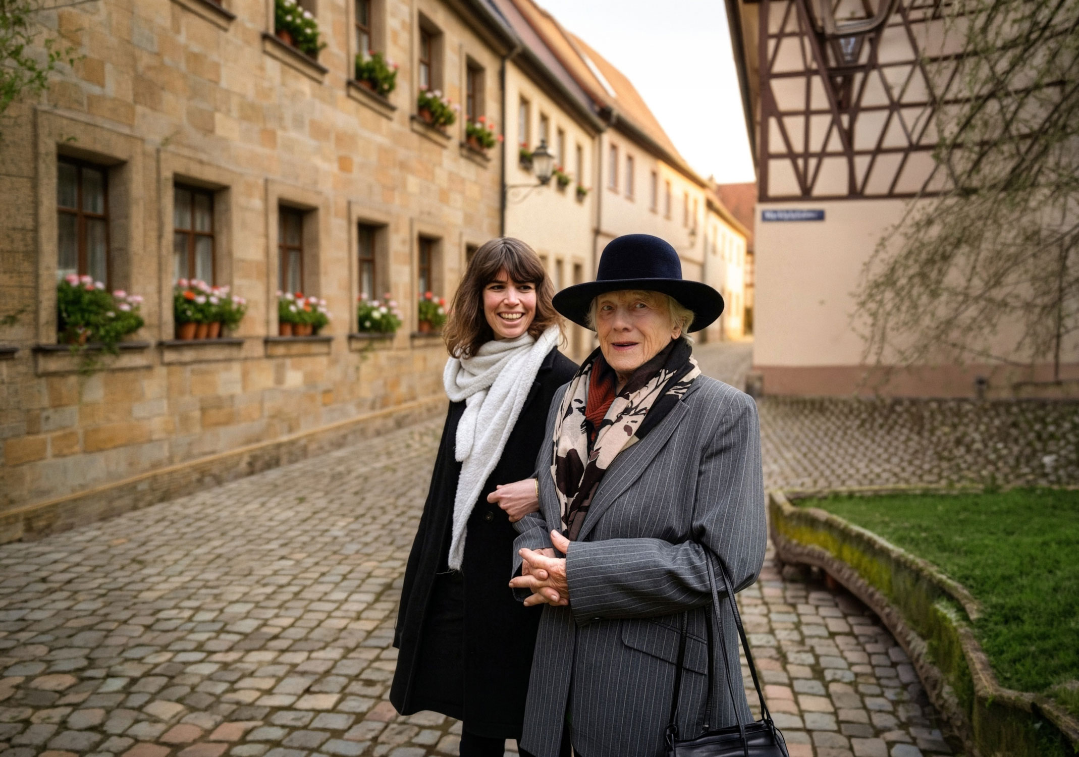 Junge Frau und ältere Frau in stilvoller Kleidung spazieren zusammen durch eine gepflasterte Straße mit historischen Gebäuden.