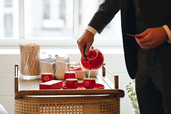 A Chinese tea ceremony at an event catered by Bartleby & Sage. 