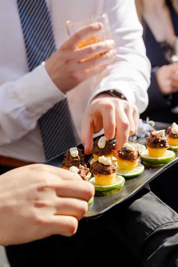 A Wagyu beef short rib bite served at an event catered by Bartleby & Sage