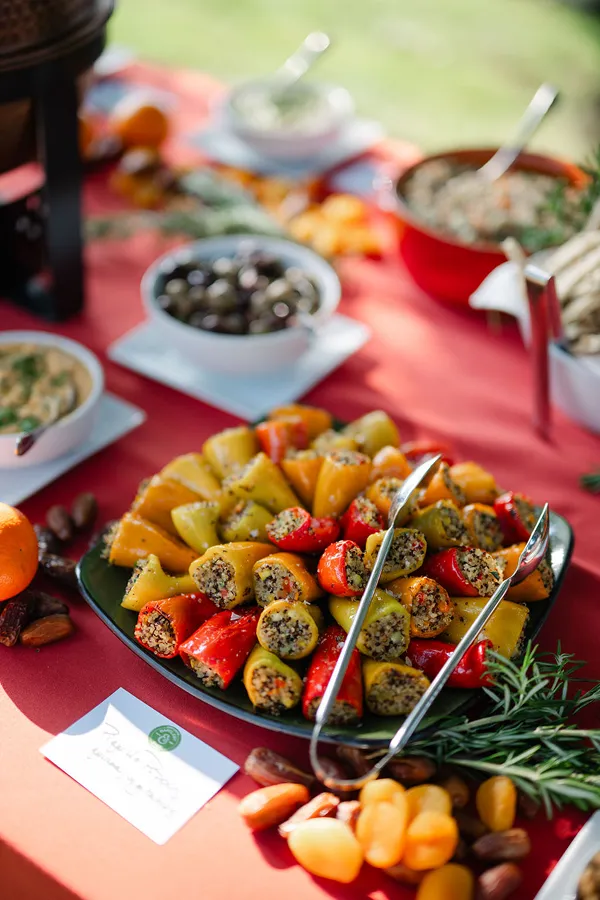 A Middle Eastern hors d'oeuvres platter served at an event catered by Bartleby & Sage