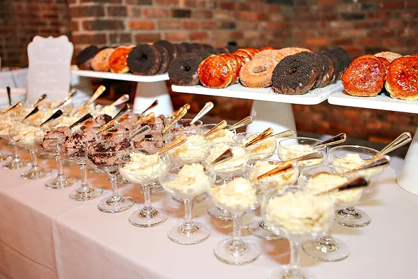 Donut wall and pudding bar catered by Bartleby & Sage