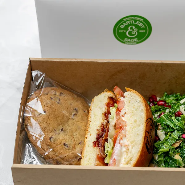 A BLT lunch box prepared for corporate drop-off by Bartleby & Sage
