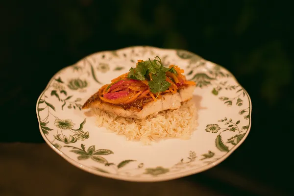 An escabeche plated dinner served at a Bartleby & Sage wedding