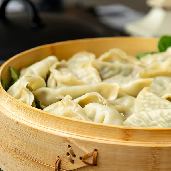 Korean vegetable dumplings served at a station catered by Bartleby & Sage.