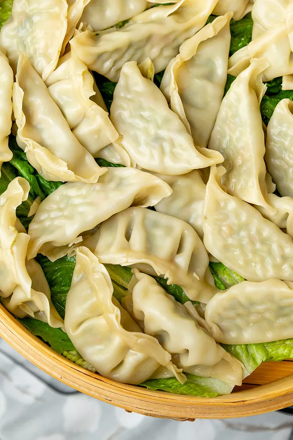 A vegetable dumpling from a station catered by Bartleby & Sage.