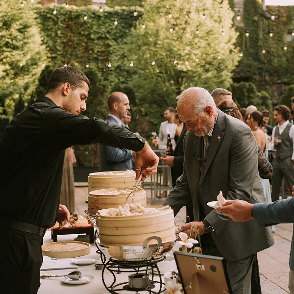A dim sum station catered by Bartleby & Sage.