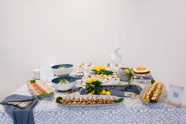 An Amalfi Coast-themed food station catered by Bartleby & Sage.