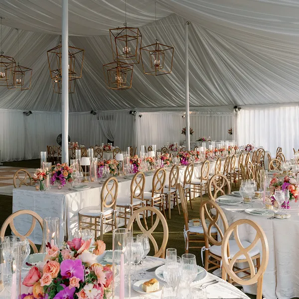 An outdoor tent set up at Wainwright House for a wedding catered by Bartleby & Sage.