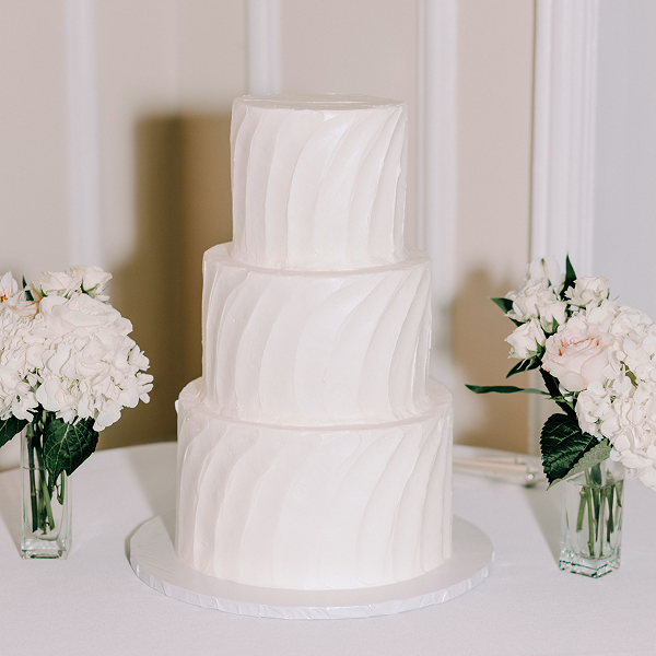 A textured wedding cake made by the pastry chefs of Bartleby & Sage.