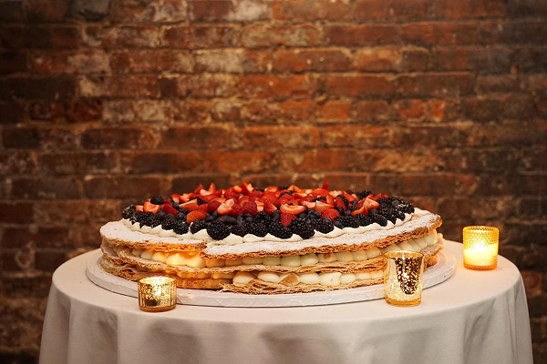 A millefoglie wedding cake at a wedding catered by Bartleby & Sage.