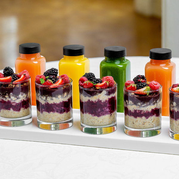 Fresh juices and Acai cups made by the chefs at Bartleby & Sage for a drop-off event.
