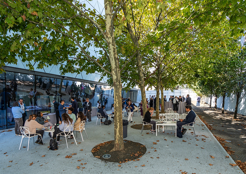 A garden area with tables, chairs and buffet lunch provided by the team at Bartleby & Sage for the 2025 LIC conference.