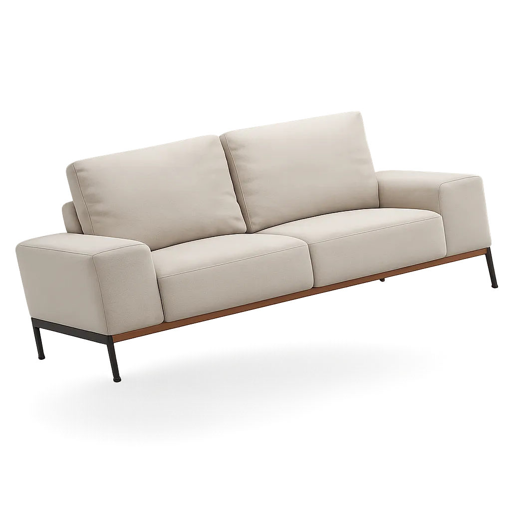 Beige modern sofa with wooden base and black metal legs against a gradient gray background.