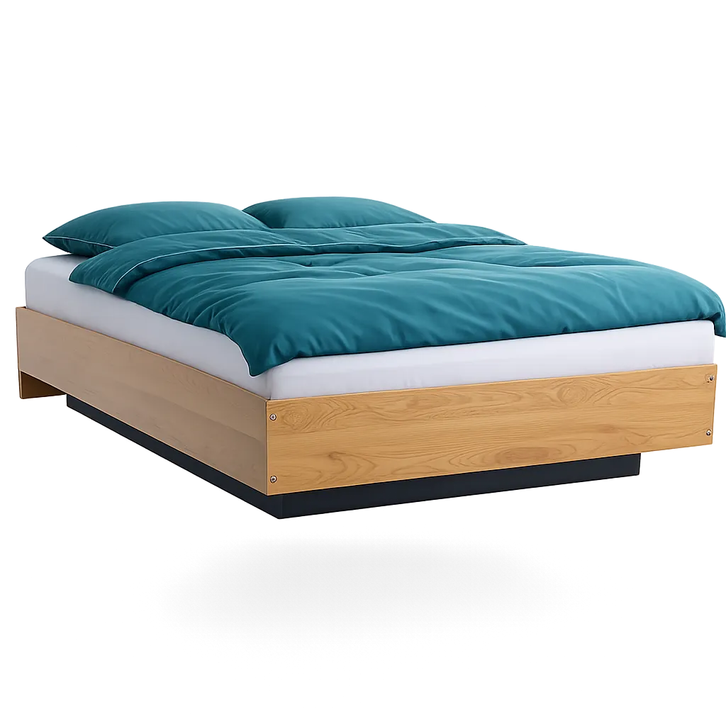 Minimalist wooden bed with teal bedding and pillows on a floating black base.