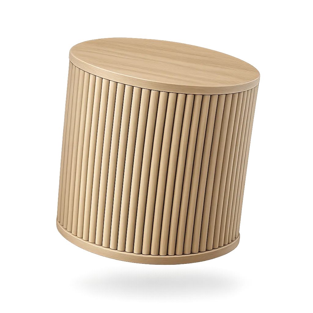 Round wooden side table with vertical slats around the sides and smooth top and base.