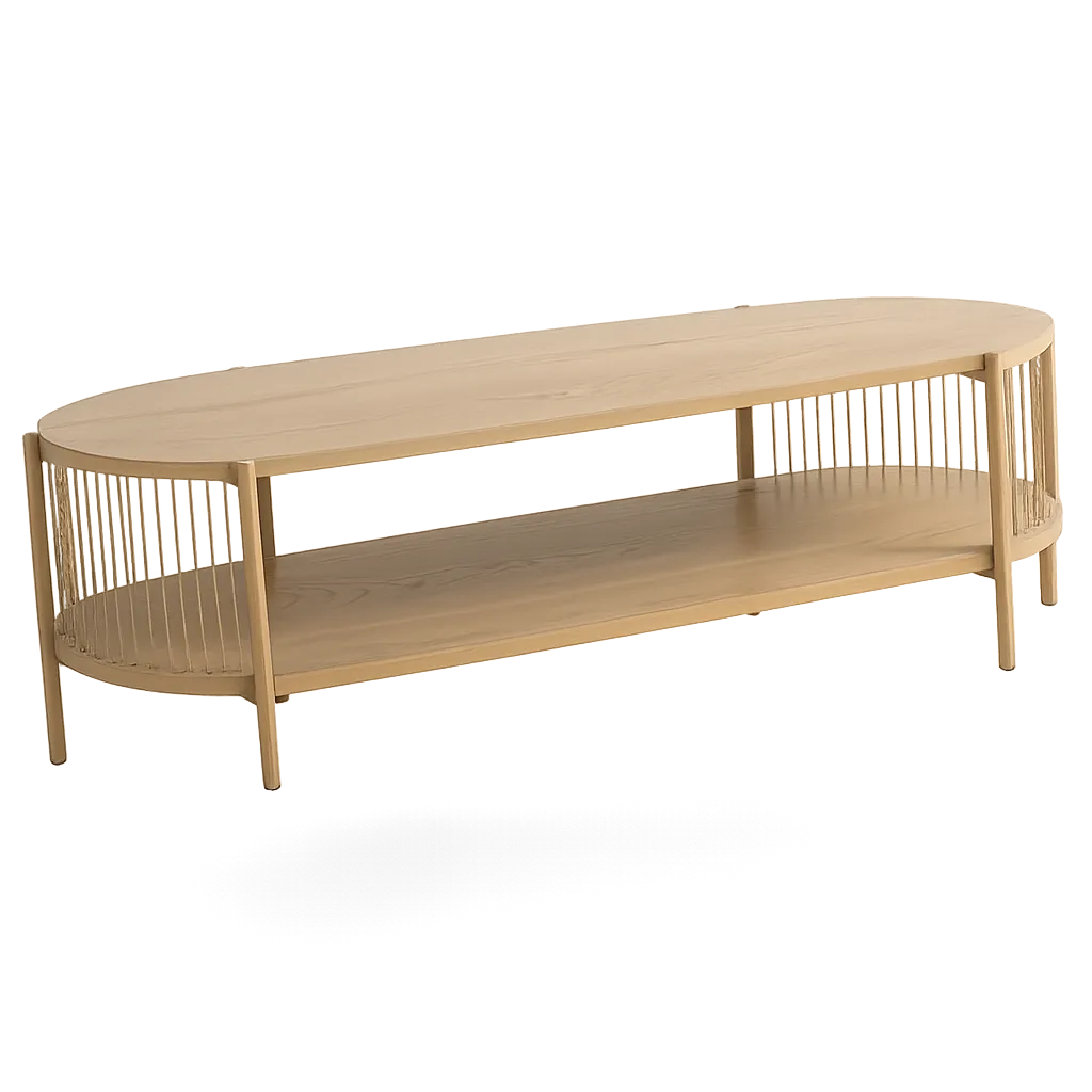 Oval wooden floating TV stand with open lower shelf and vertical slatted sides.