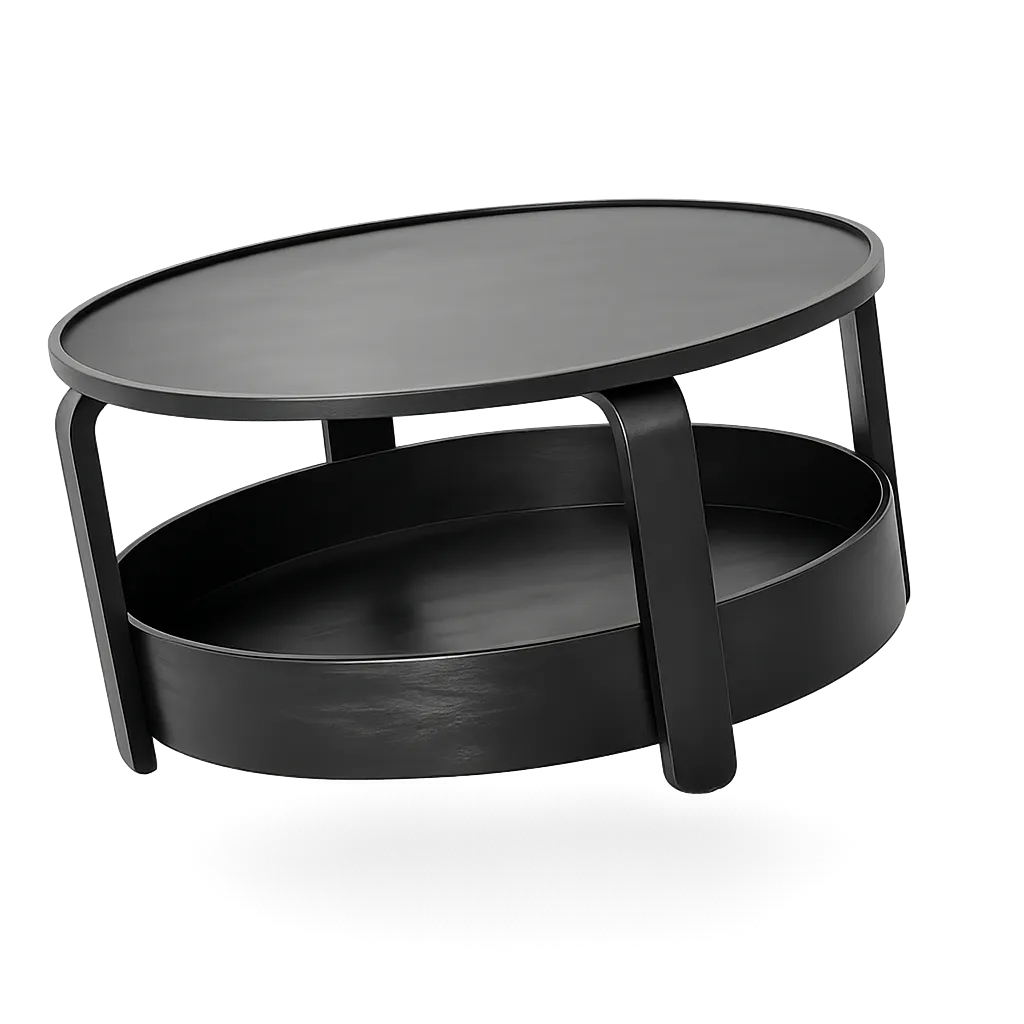 Black round coffee table with raised edge and lower shelf supported by three legs.