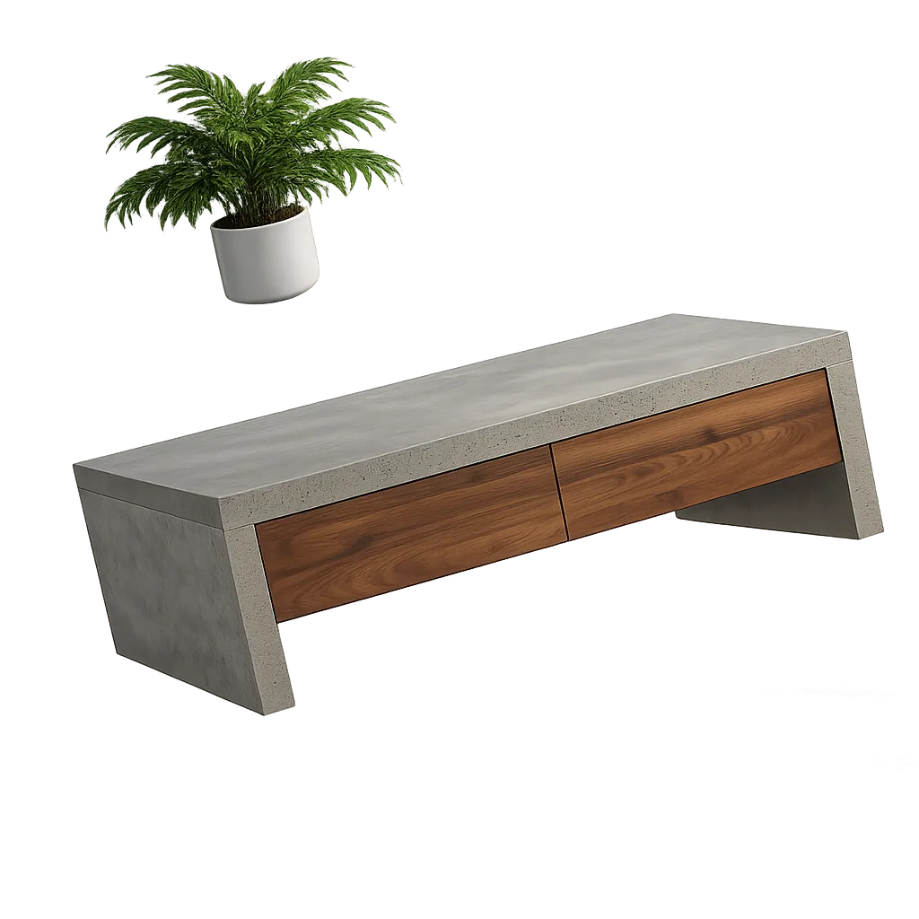 Modern floating coffee table with concrete frame and wooden drawers next to a green potted plant.