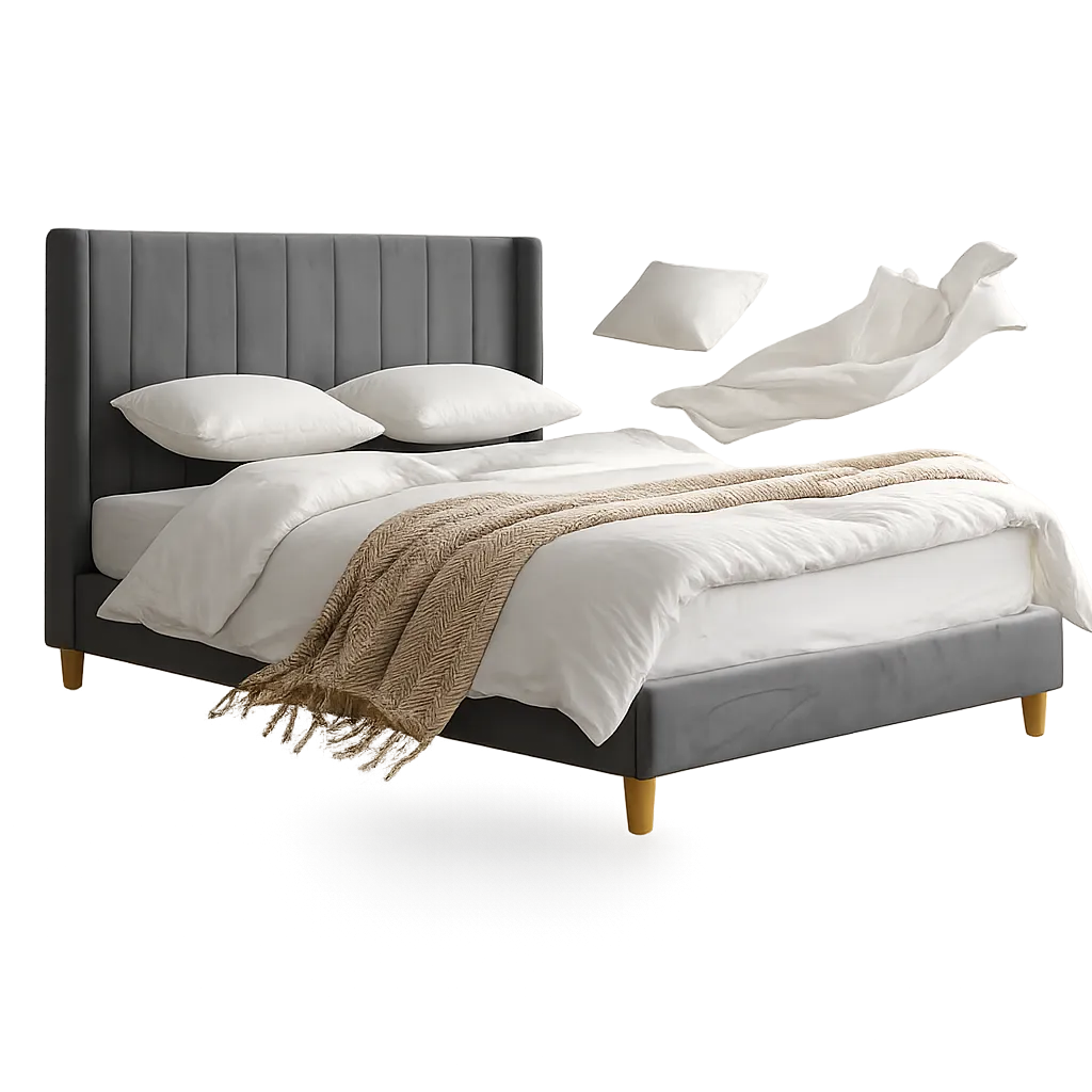Modern gray bed with vertical tufted headboard, white bedding, pillows, and a beige throw blanket.