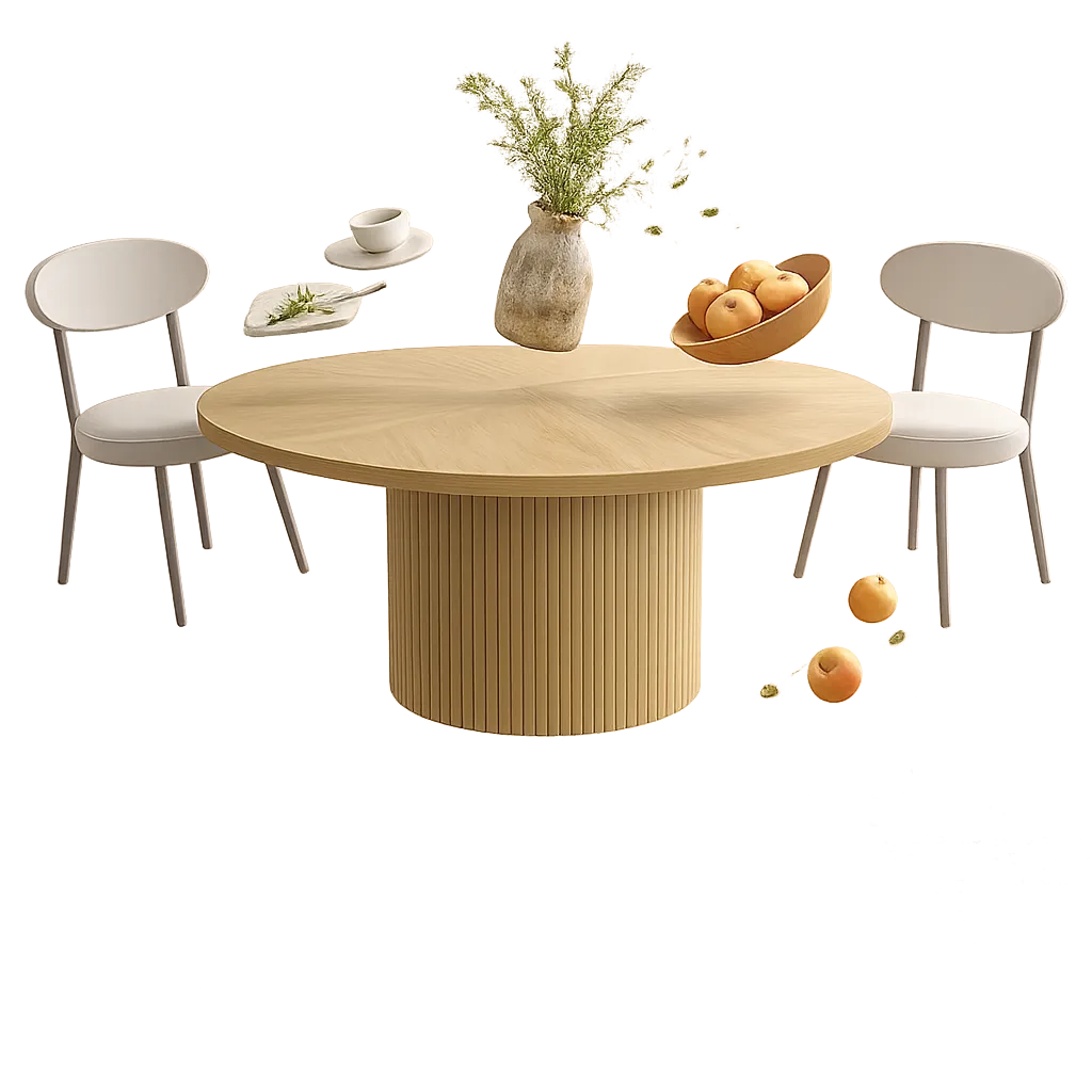 Round wooden dining table with two white chairs, a vase with greenery, and a bowl of fruit.