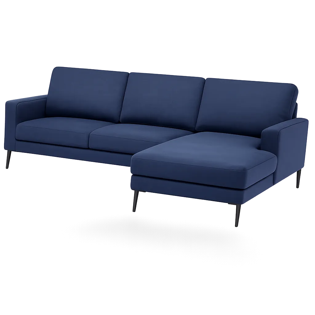 Modern navy blue sectional sofa with chaise lounge and slim black legs.