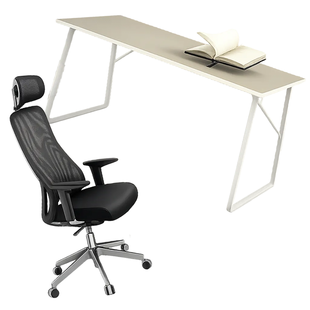 Black ergonomic office chair with headrest near a white standing desk with an open book on top.