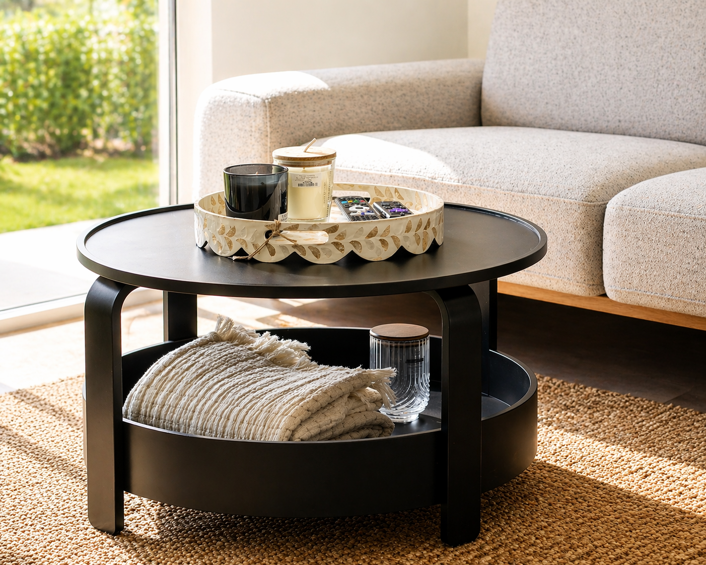 Black round coffee table in sunlit living room with tray, candles, remotes, blanket, and glass jar.