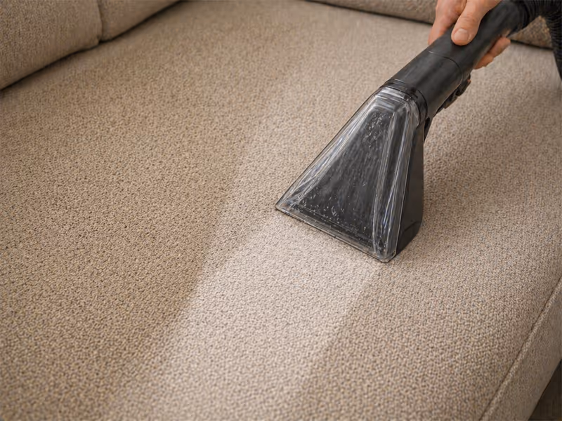 Hand using a vacuum cleaner attachment to clean a beige fabric sofa, showing a clear cleaned strip.