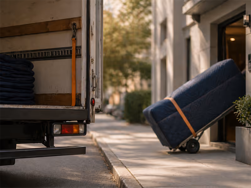 Hand truck loaded with wrapped furniture moving towards an open delivery truck on a city street.