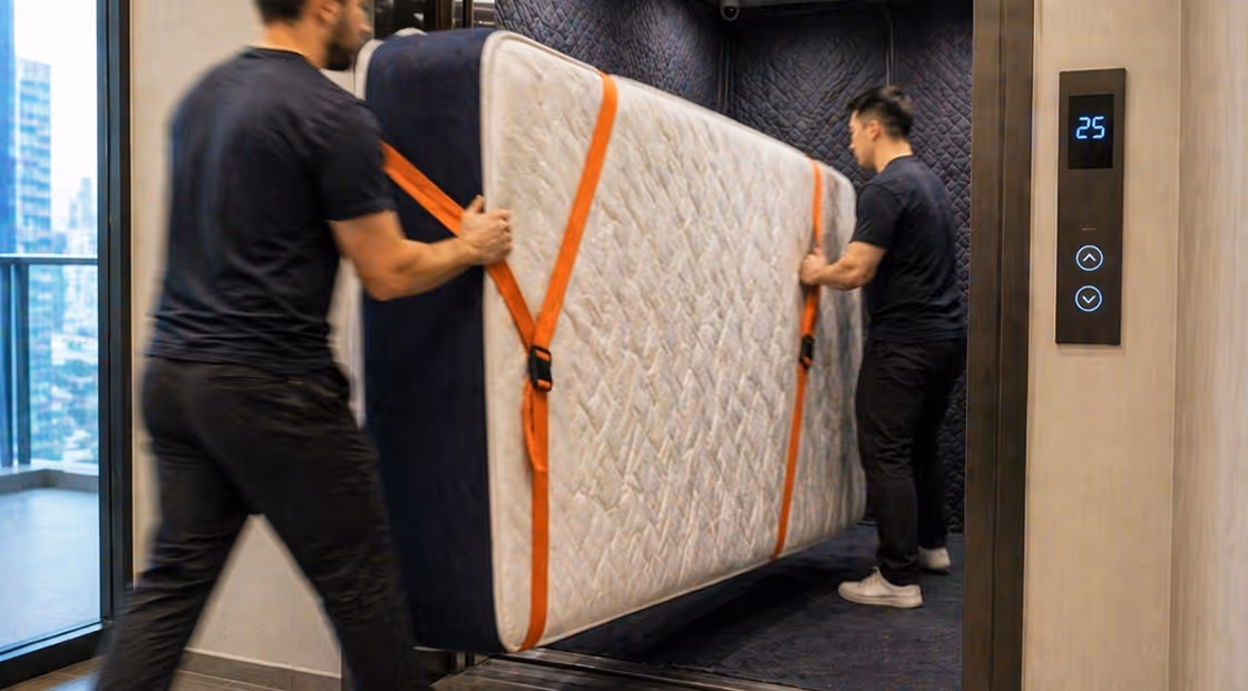 Two men carrying a mattress secured with orange straps into an elevator on the 25th floor.