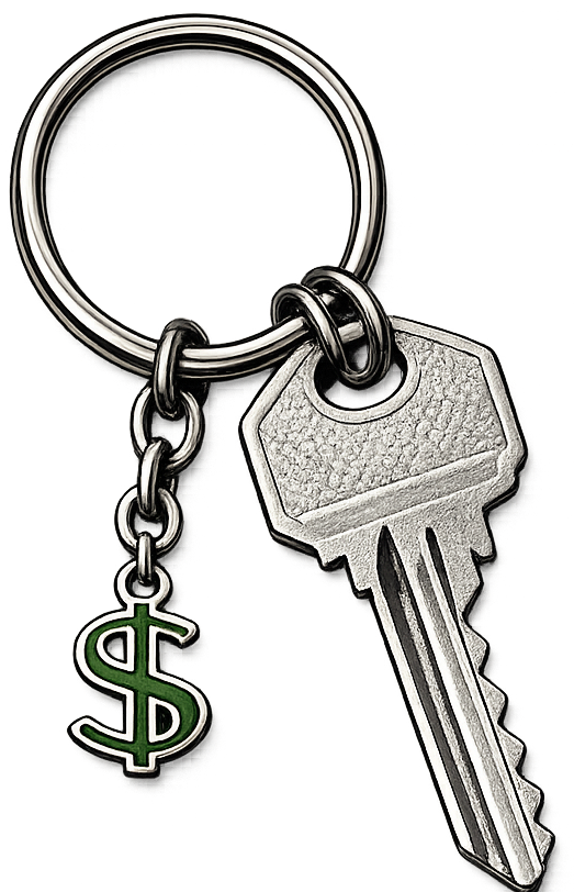 Metal key on a keyring with a dangling green dollar sign charm.