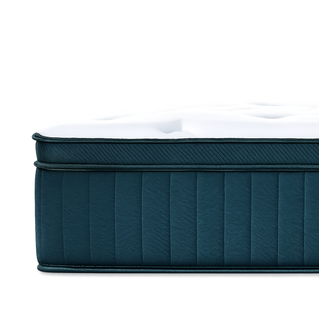 Side view of a blue and white plush mattress with stitched patterns on top and sides.
