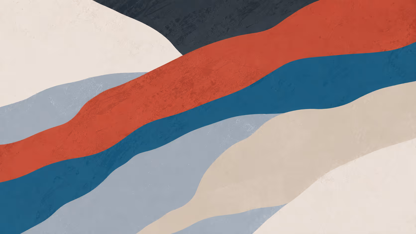 Abstract waves of navy, red, teal, gray, and beige textured bands flowing horizontally.