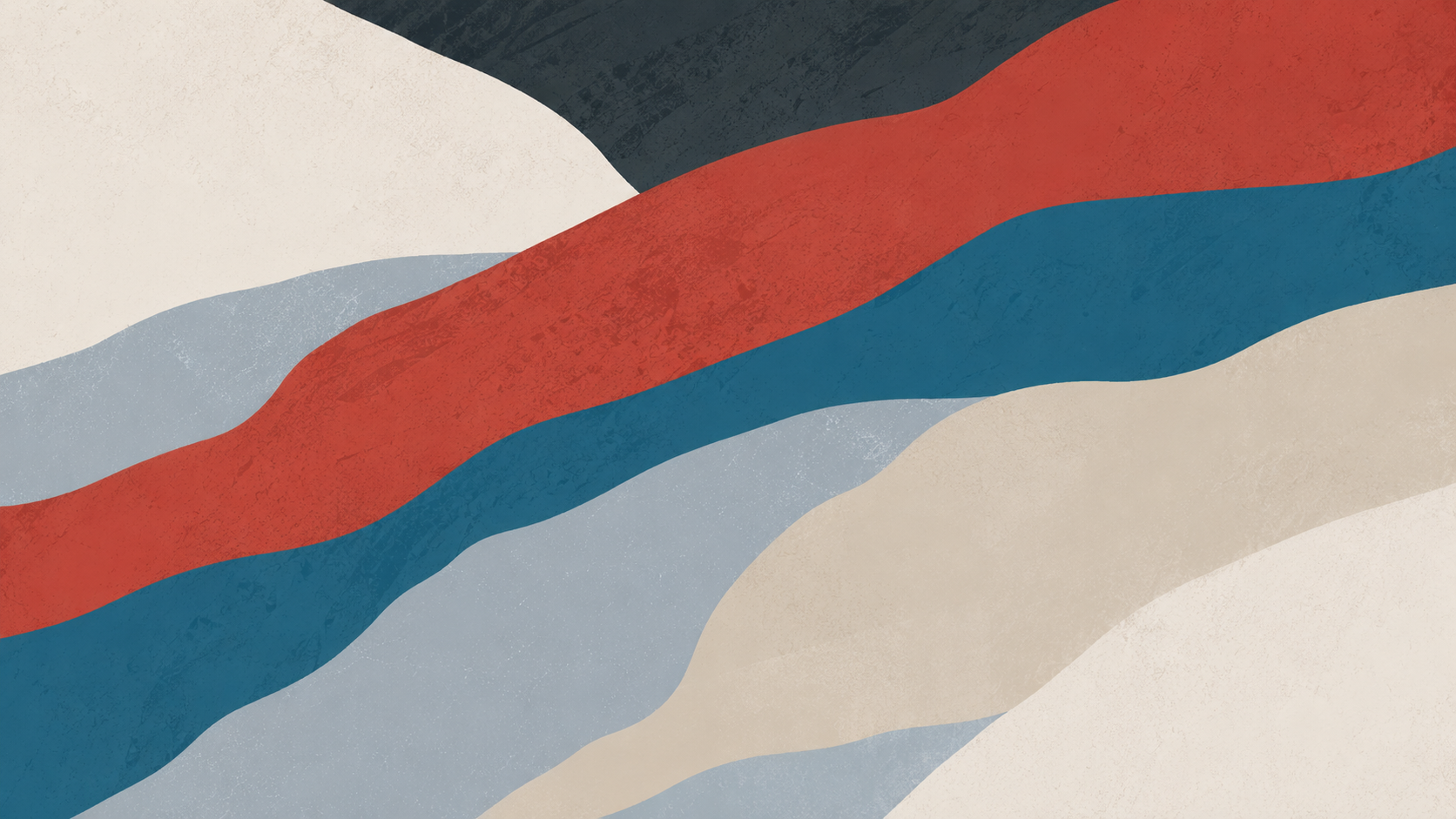 Abstract waves of navy, red, teal, gray, and beige textured bands flowing horizontally.